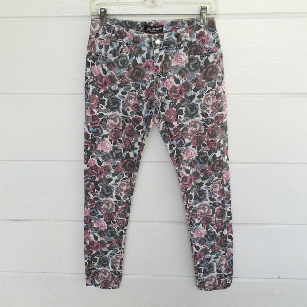 Pink Blue Floral Skinny Low Rise Stretch Size 5